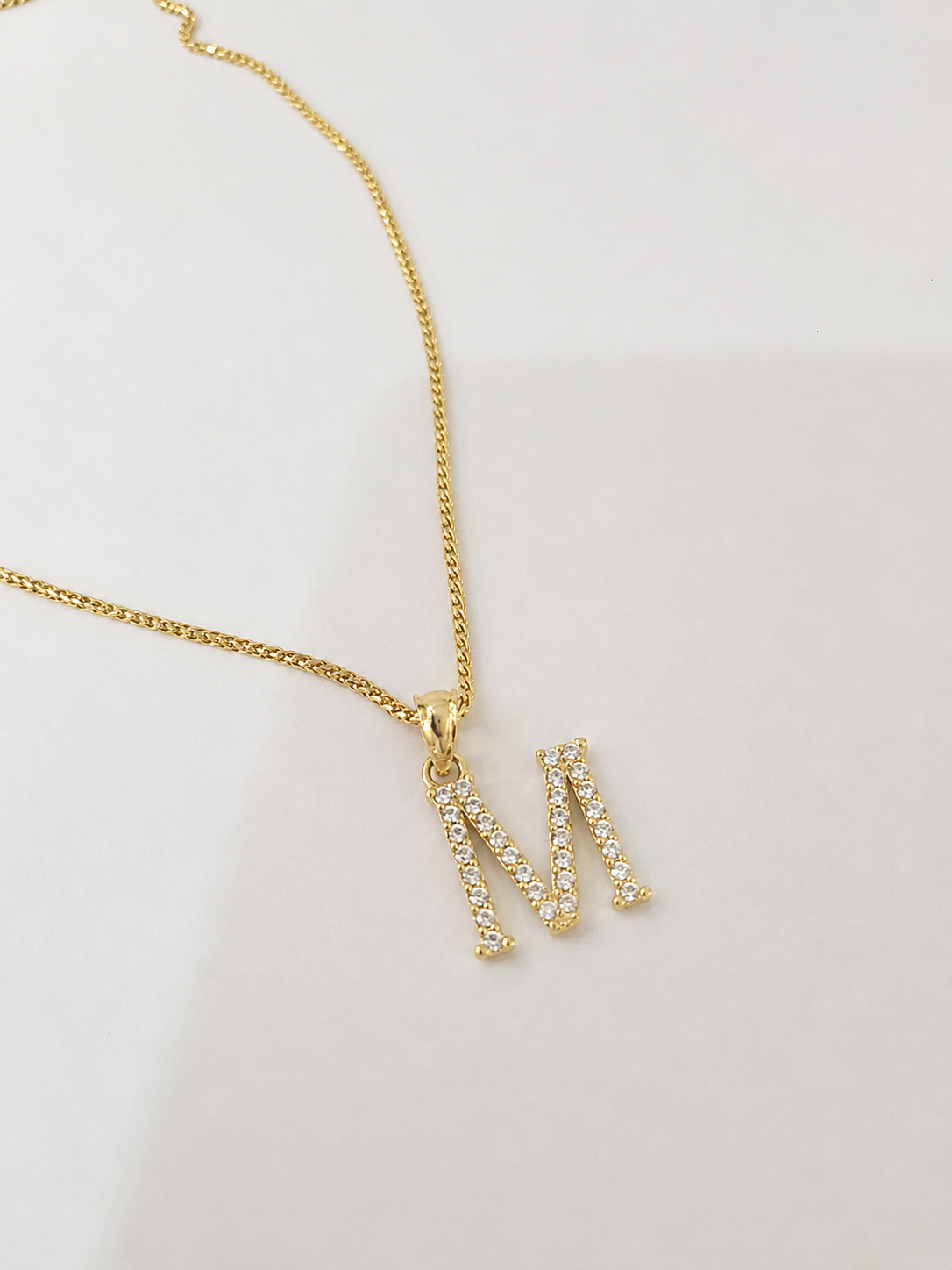 10K Gold Solid Franco Chain M Initial CZ Stone Pendant Set 1mm 16 18 20 22 Women