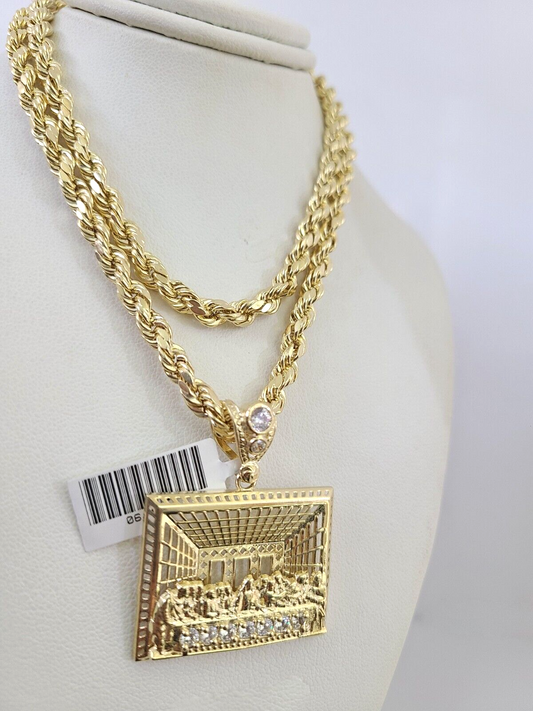 10kt Gold Rope Chain Last Supper Pendant Charm Set 18"-30'' Inch 5mm Necklace