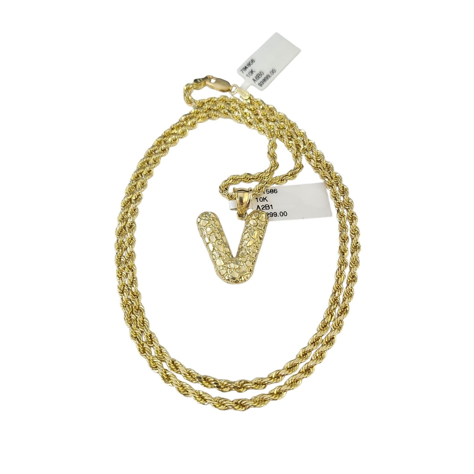 Real 10k Rope Chain V Nugget Initial Charm 3mm 18"-28" Necklace Set Pendant Gold