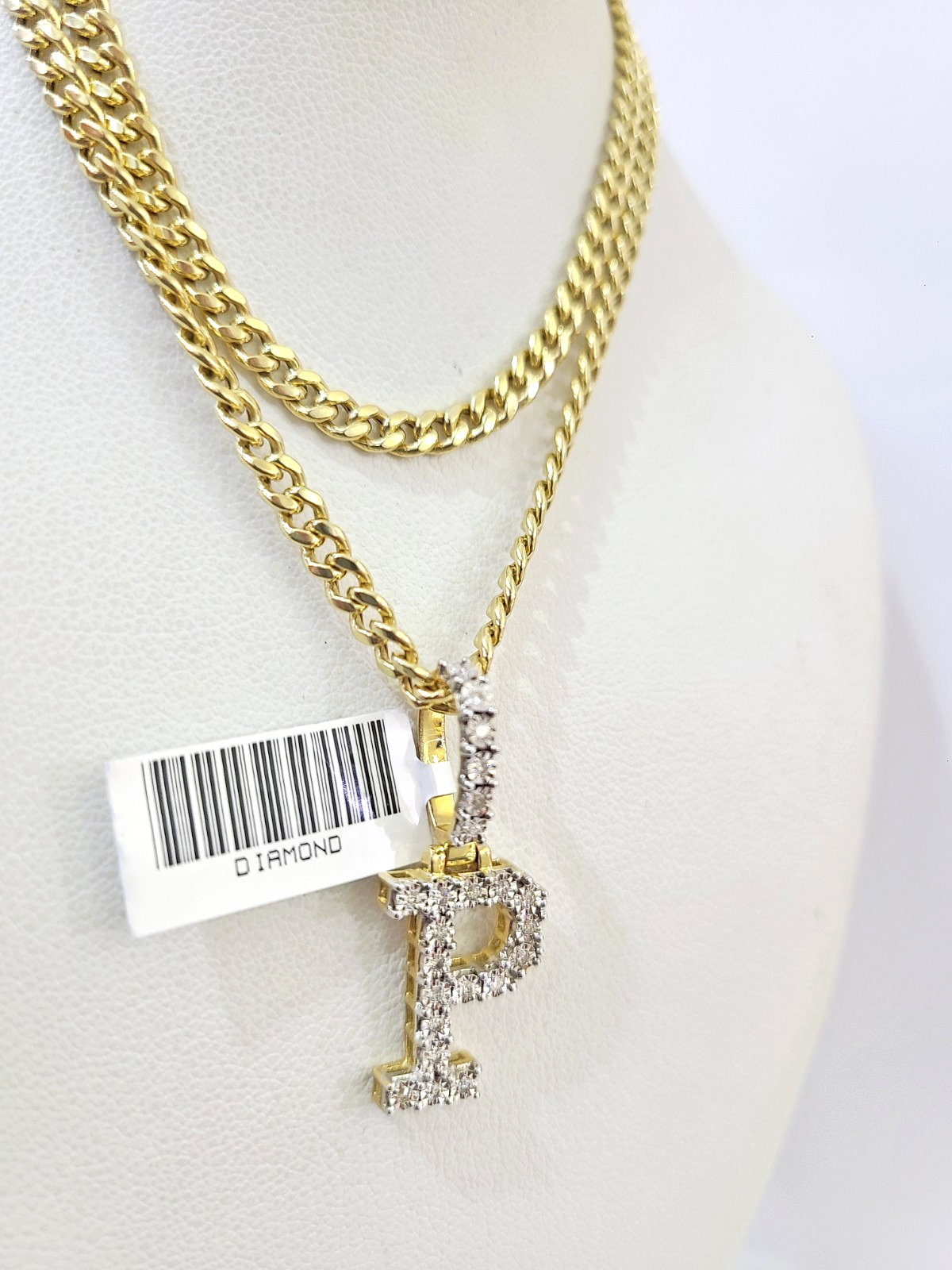 10K Gold Miami Cuban Chain P Diamond Initial 20"-28" 3mm Pendant Necklace SET