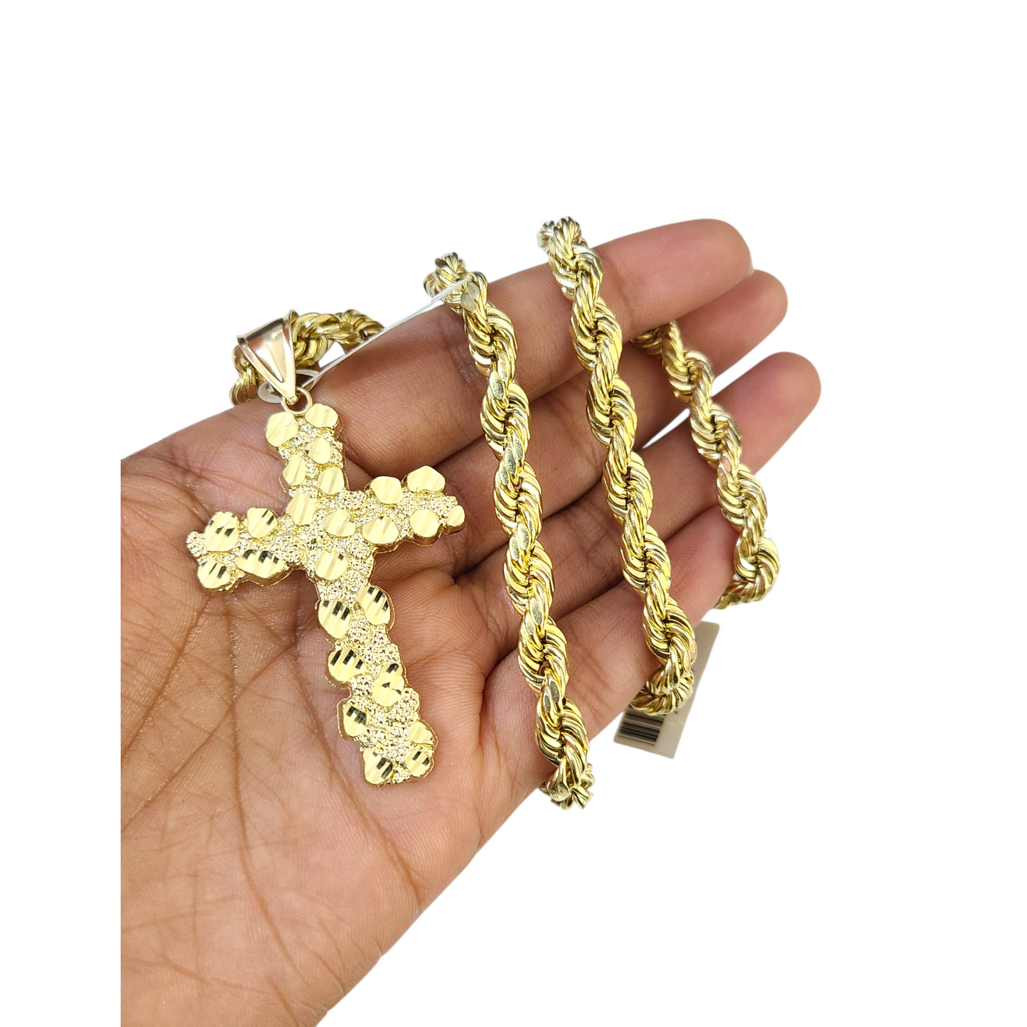 Real 10k Rope Chain Nugget Cross Necklace Pendant Set 7mm 20"-28" Gold Men