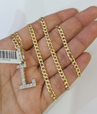 10k Gold Chain Necklace Cuban Curb L Diamond Initial Pendant Set 3mm 20"-30"