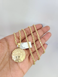 REAL 10k Solid Rope Chain Virgin Mary Jesus Charm Pendant 3mm Set 18"-26" in