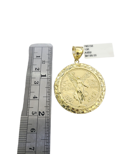Real 10k Yellow Gold Nugget Centenario Coin Pendant Charm 2 inch 50 Pesos 1947