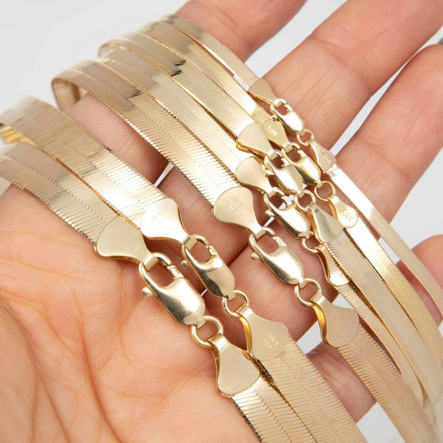 Solid 10K Yellow Gold 3mm-9mm Flat Herringbone Chain Necklace Women Men 16"- 24"