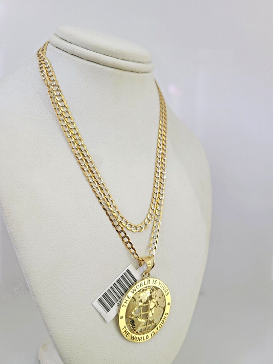 10k Gold Solid Cuban Curb Chain World is Yours Pendant Set 3mm 18"-26" Necklace