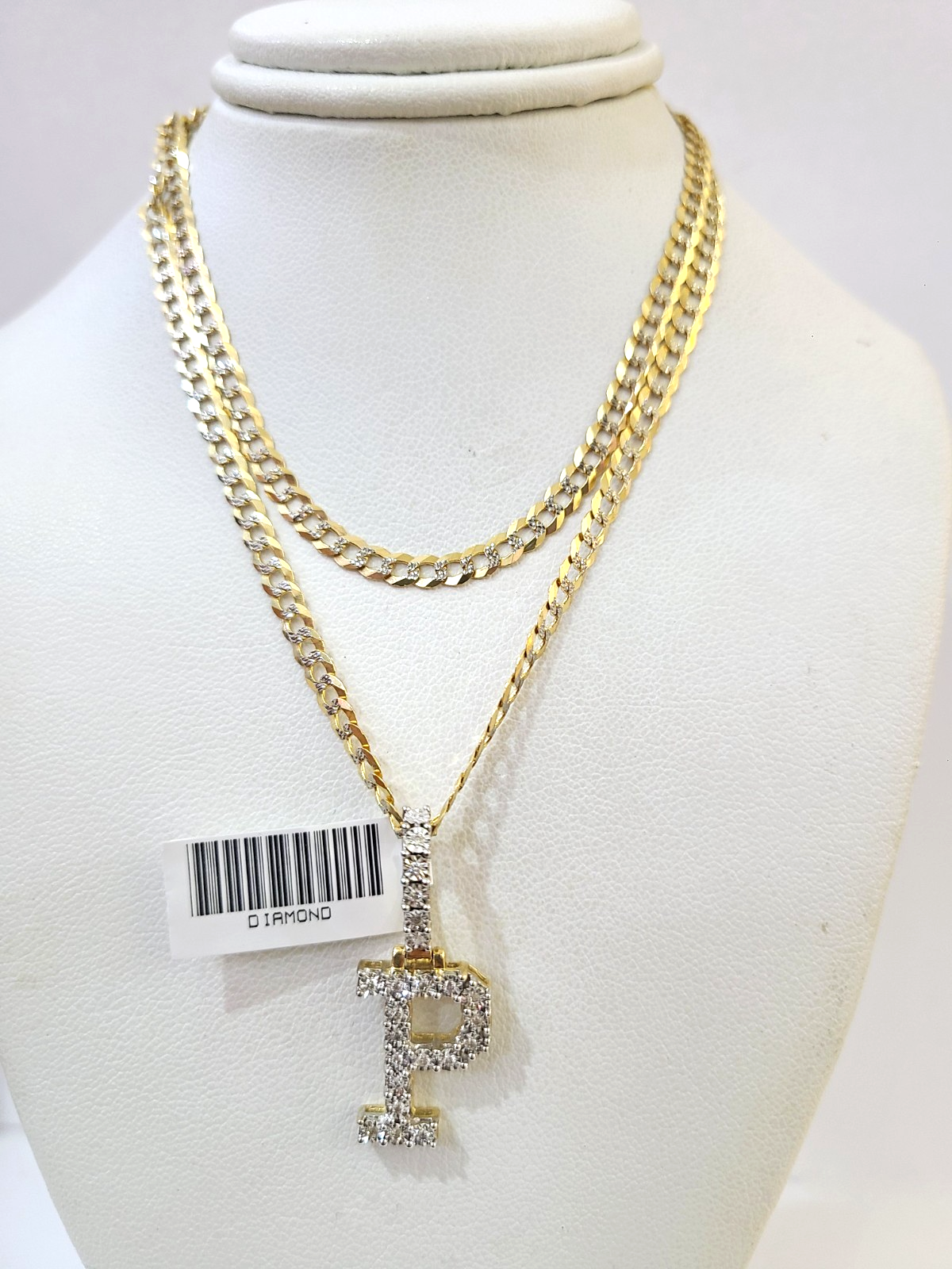 10k Gold Chain Necklace P Diamond Initial Pendant Set Cuban Curb 3mm 20"-30"