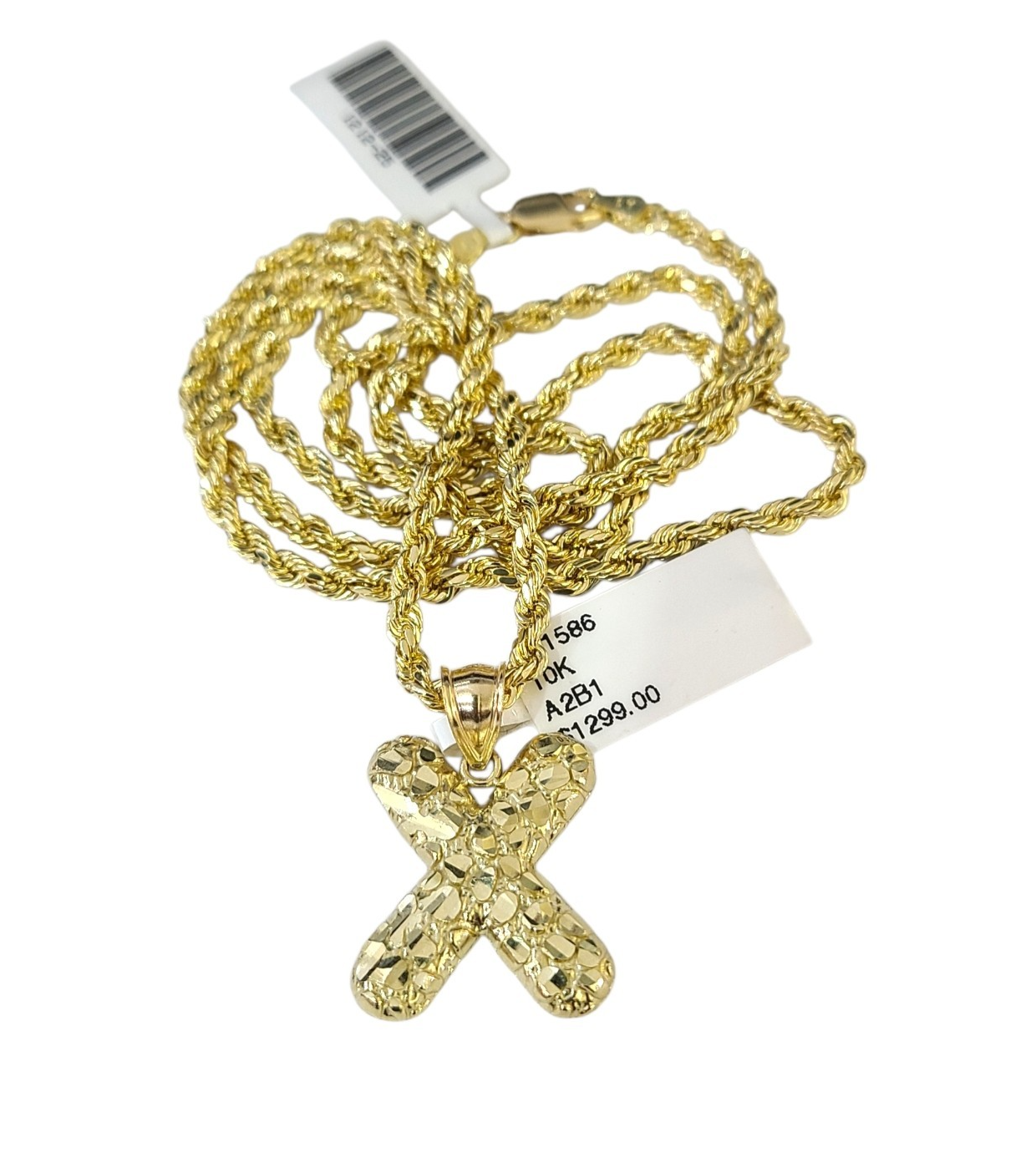 Real 10k Rope Chain X Nugget Initial Charm 3mm 18"-28" Necklace Set Pendant Gold