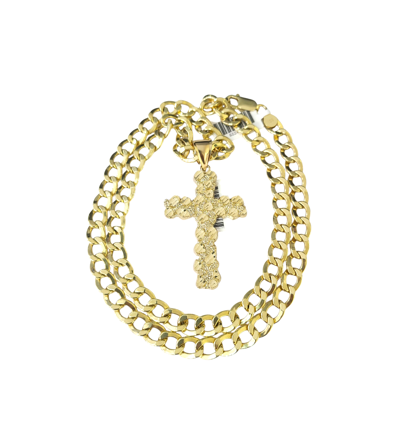 10k Real Gold Cuban Curb Chain Nugget Christ Cross Pendant SET 8mm Necklace Men