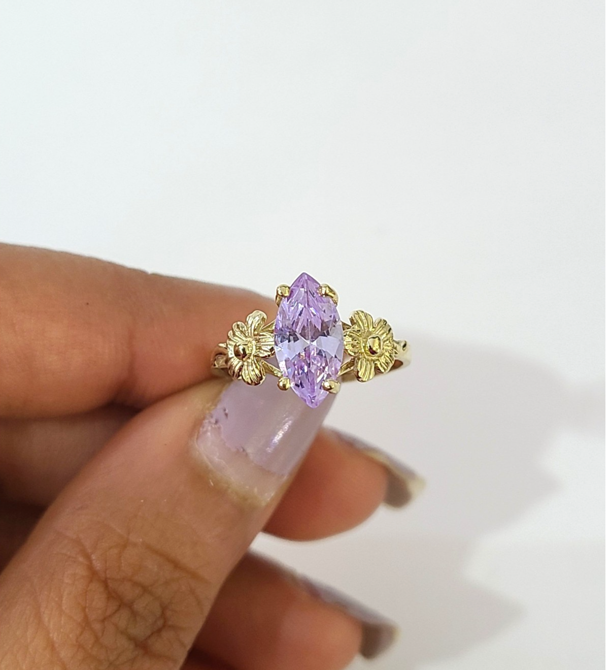 Real 10K Gold Ladies Floral Ring Marquise Cubic Zirconia Stone Ladies Statement