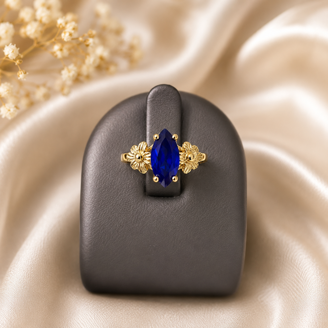 10k Gold Blue Marquise CZ Flower Ring Floral Design Ladies Statement Ring