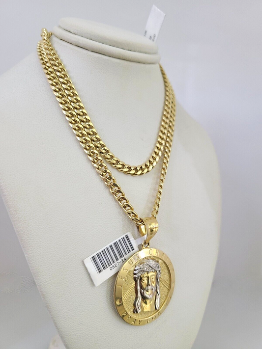 10kt Gold Miami Cuban Chain Jesus Christ Charm Pendant 5mm 18-28 Inch Necklace