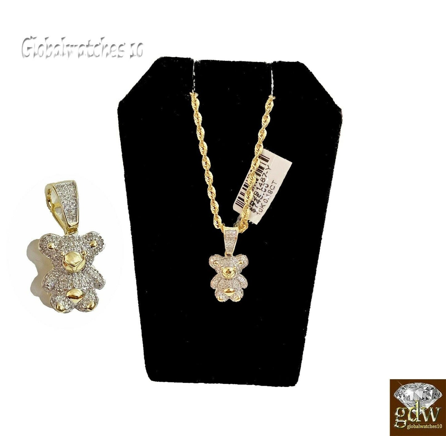 10k Gold Diamond Charm with Rope Chain in 20 22 24 26 inch Teddy Charm Pendant