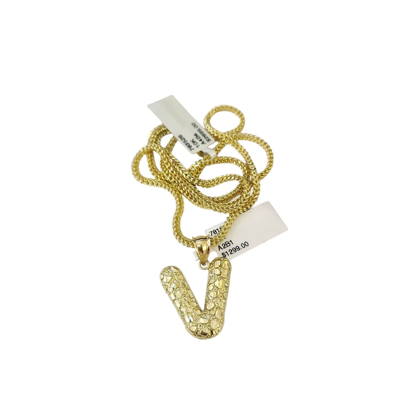 10k Gold Franco Chain 2.5mm 16"-26" V Nugget Initial Charm Pendant Necklace SET