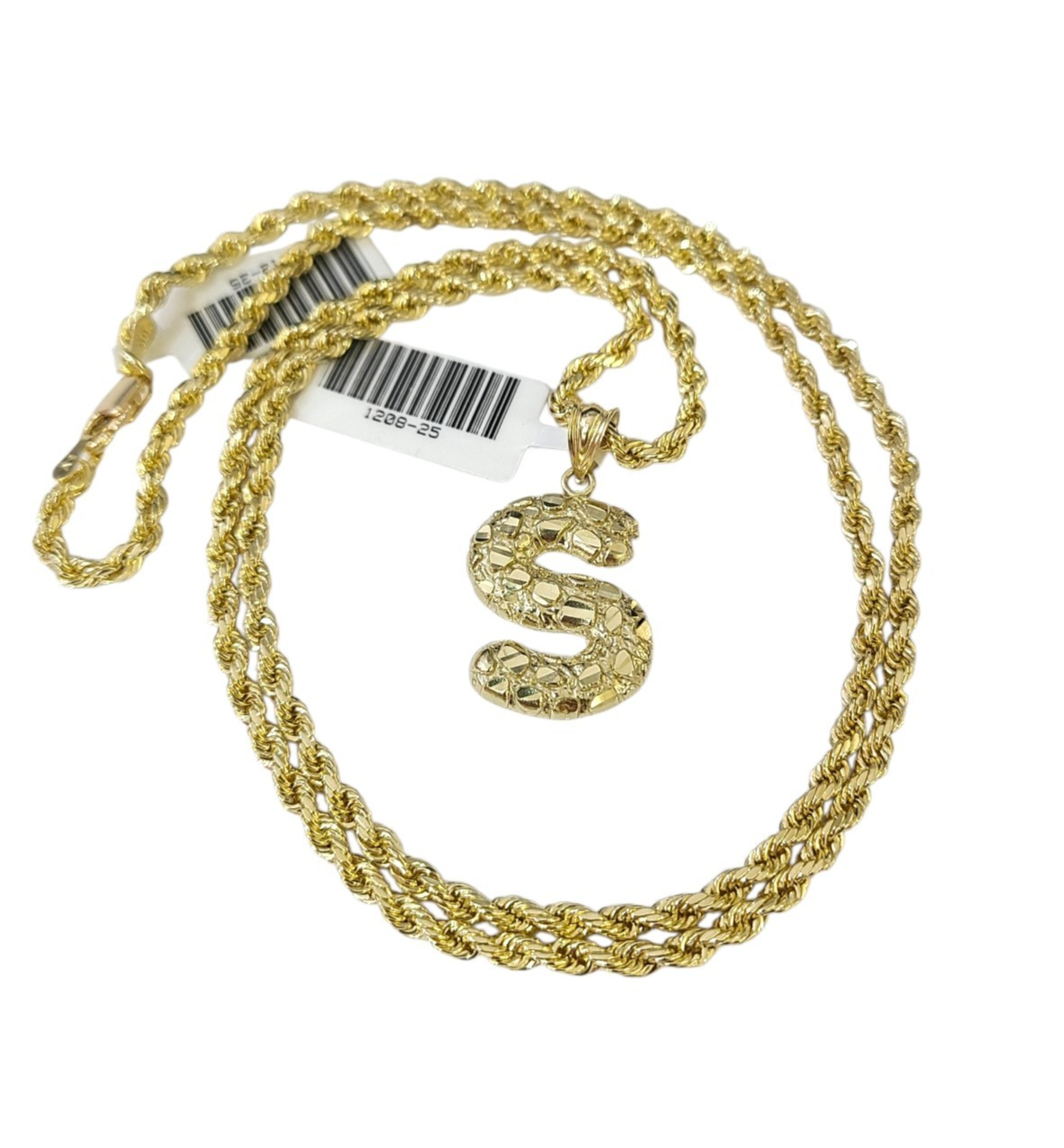 Real 10k Rope Chain S Initial Charm 3mm 18"-28" Necklace Nugget Set Pendant Gold