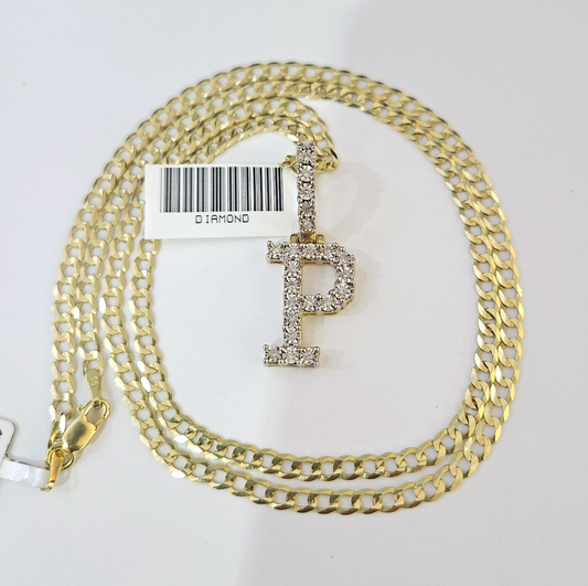10k Gold Chain Necklace Cuban Curb P Diamond Initial Pendant Set 3mm 20"-30"