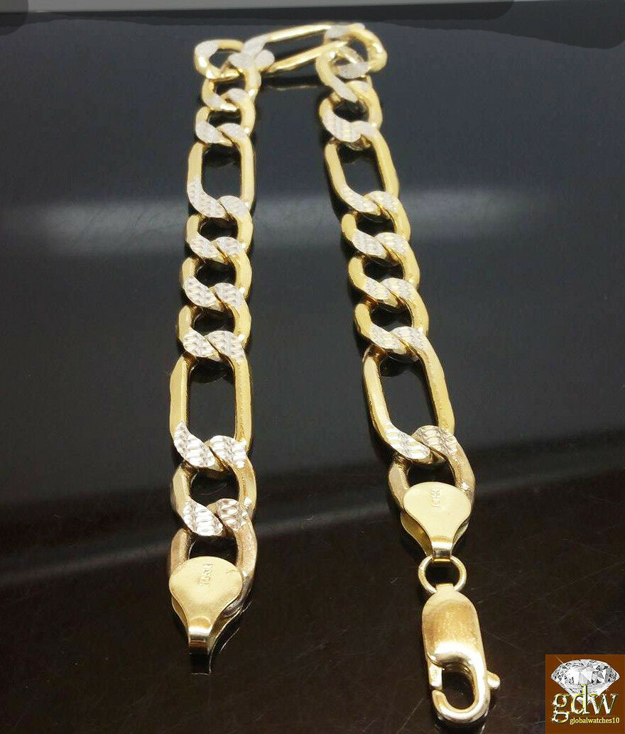 10k Yellow Gold Diamond Cuts Men's Cuban Figaro Link Bracelet, 8Inches, 9Inches
