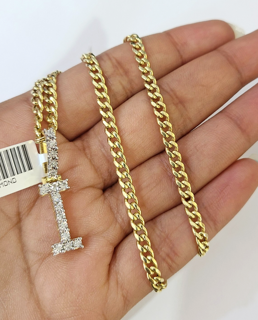 10K Gold Miami Cuban Chain I Diamond Initial 18"-24" 2mm Pendant Necklace SET
