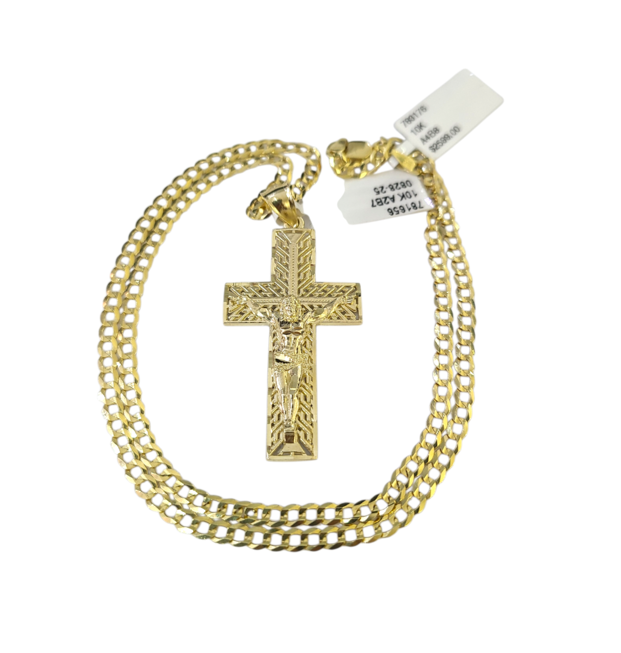 10k Gold Chain Necklace Cross Charm Pendant Set Cuban Curb 3mm 18"-28"