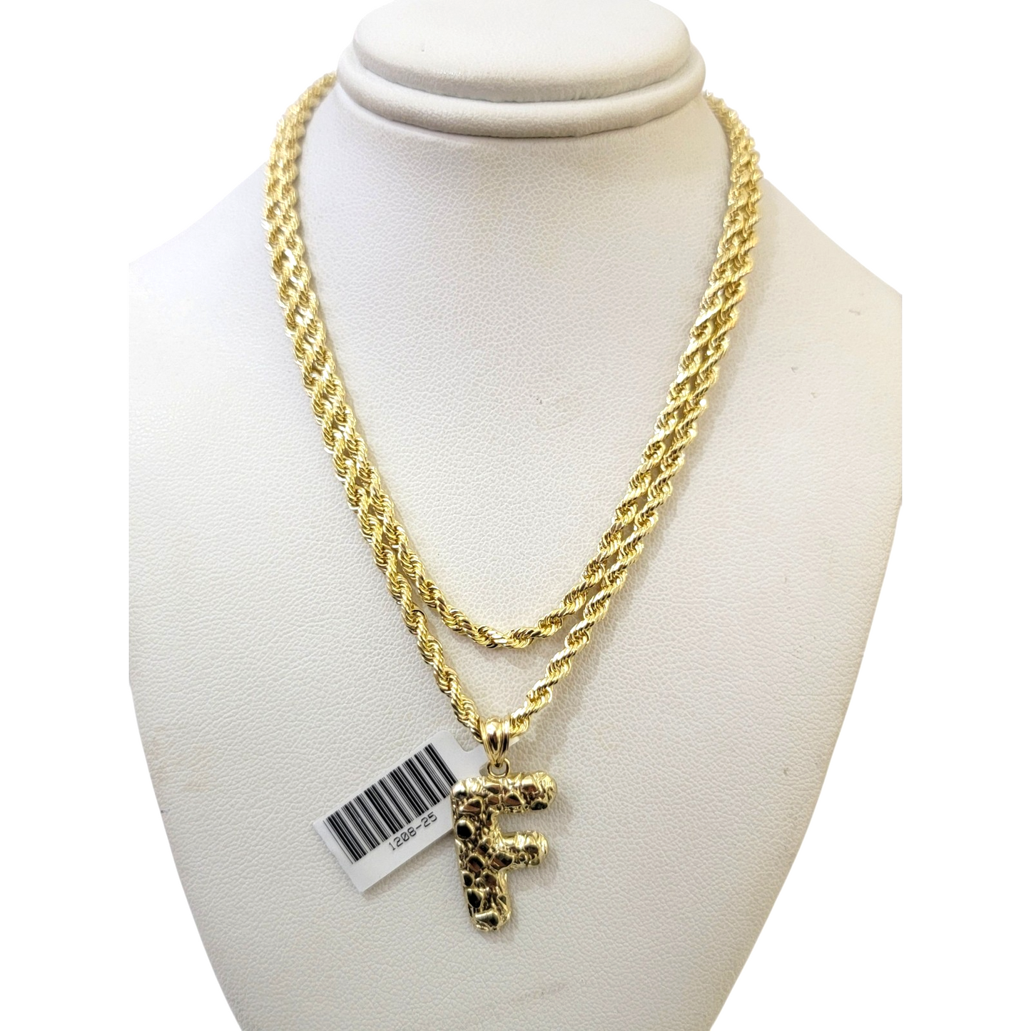 Real 10k Rope Chain Necklace Nugget F Initial Charm Set 3mm 18"-28" Pendant Gold