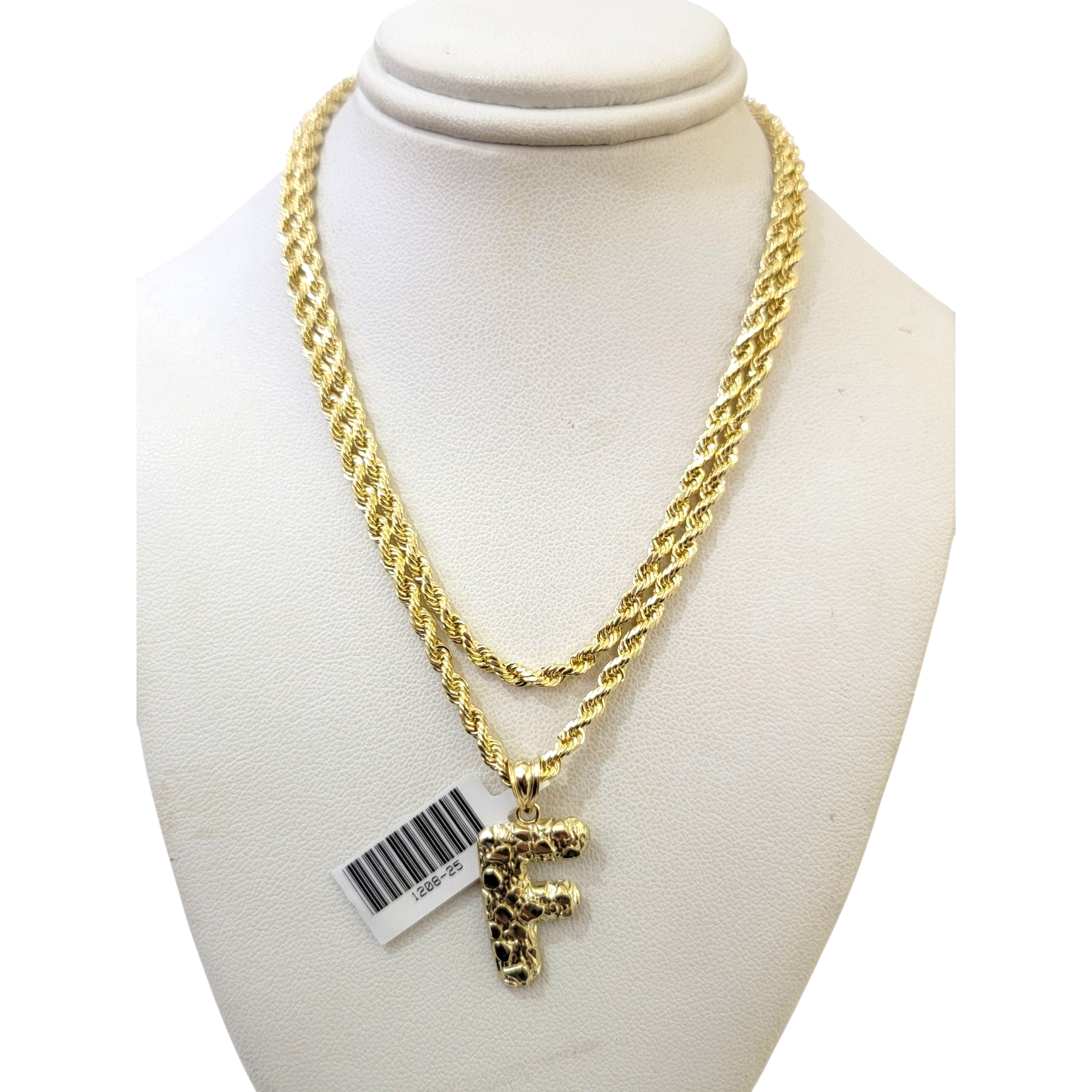 Real 10k Rope Chain Necklace Nugget F Initial Charm Set 3mm 18"-28" Pendant Gold