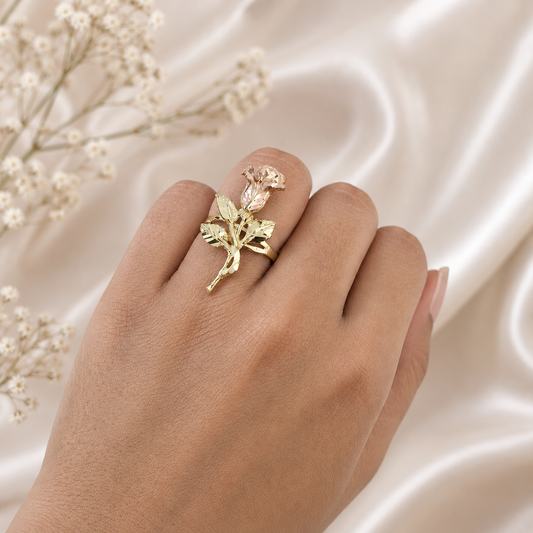 10k Gold Rose Flower Ring Two Tone Pink Yellow Gold Floral Open Ring Ladies