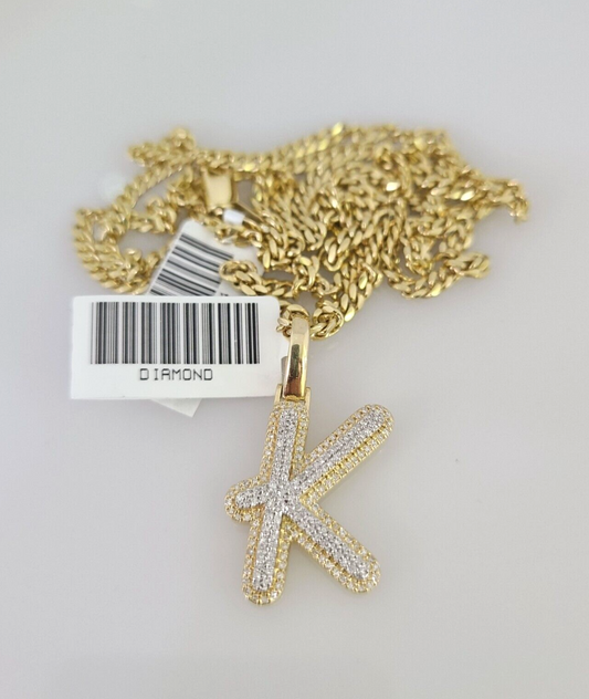 10k Gold Solid Miami Cuban Chain K Initial Diamond Pendant 2.5mm 18"-24" Set