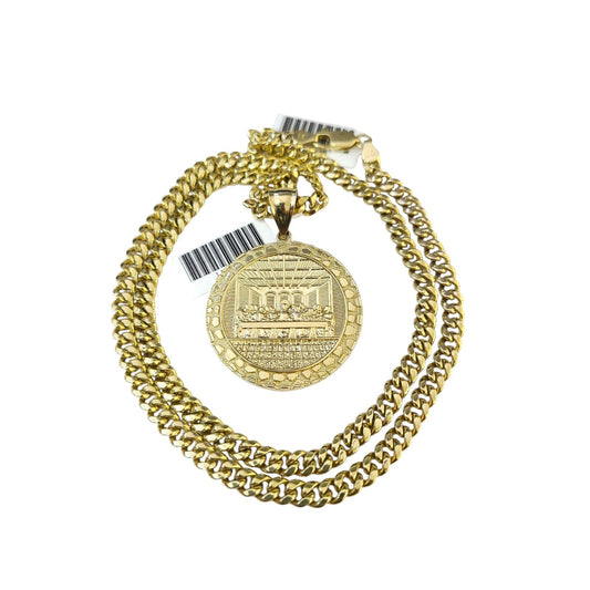 10K Gold Miami Cuban Chain Nugget Last Supper 20"-28" 4mm Pendant Necklace SET