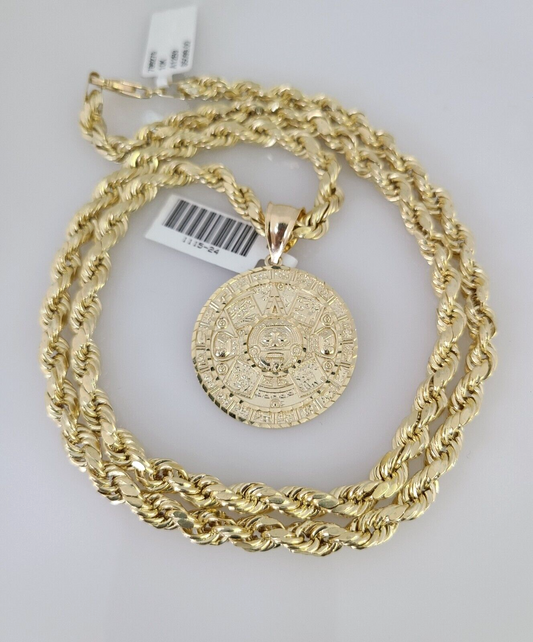 10kt Gold Rope Chain Mayan Calendar Charm Set 18"-30'' Inch 6mm Necklace Pendant