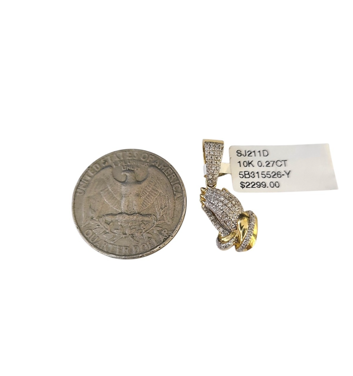 Real 10k Yellow Gold Praying Hands Diamond Charm Pendant 1'' inch Genuine 10kt