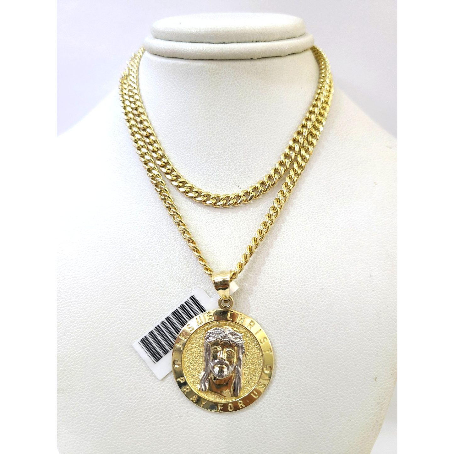 10K Gold Miami Cuban Chain Jesus Christ Charm 18"-24" 2mm Pendant Necklace SET