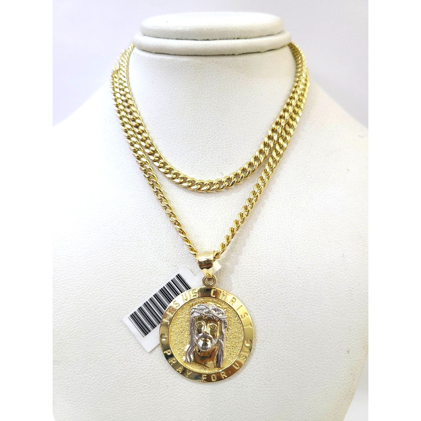 10K Gold Miami Cuban Chain Jesus Christ Charm 18"-24" 2mm Pendant Necklace SET