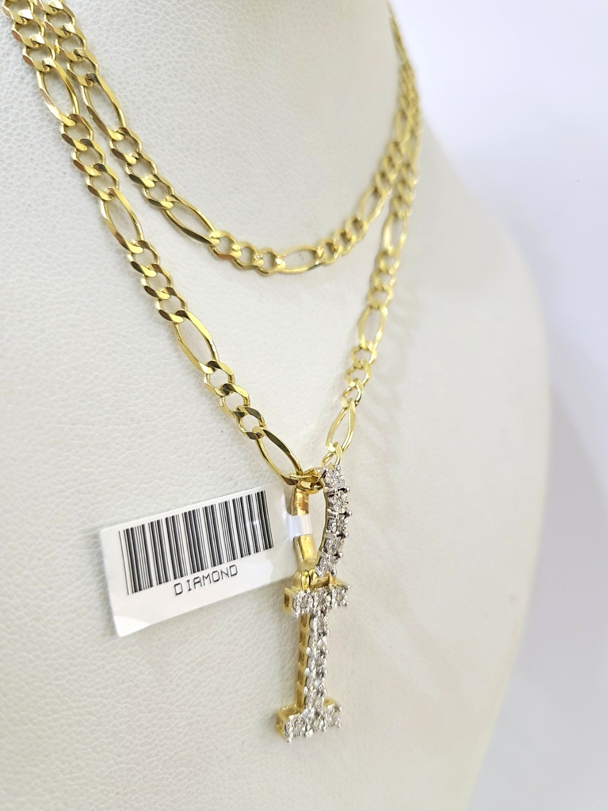 10k Gold Figaro Chain I Diamond Initial Pendant 3mm 20-28 inch SET Necklace