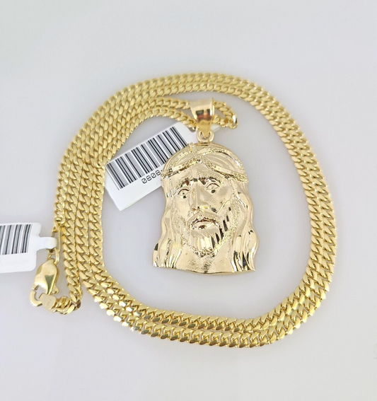 10k Gold Solid Miami Cuban Necklace Jesus Head Pendant 2.5mm 18-24" Chain Set