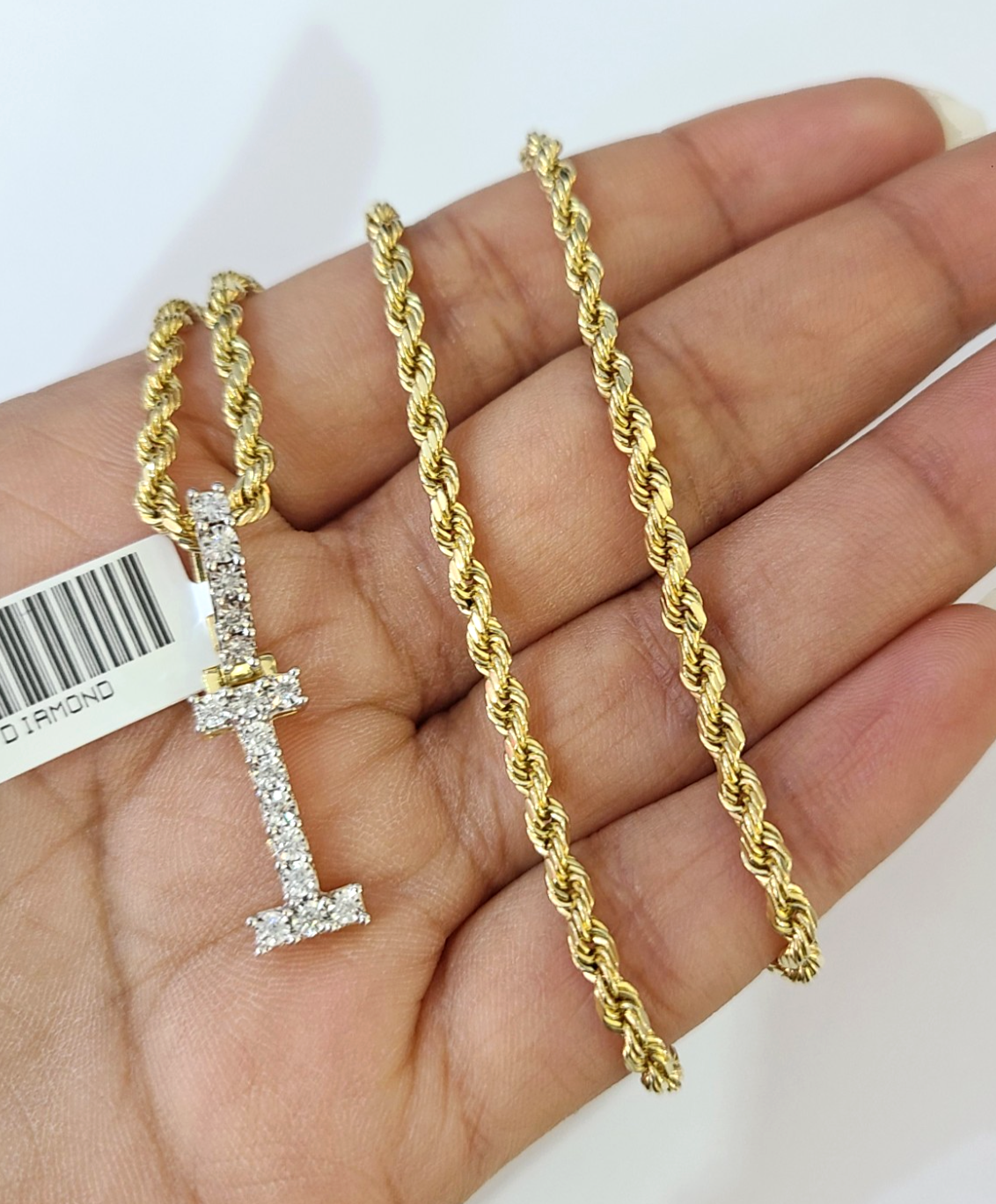 10k Rope Chain I Diamond Initial Charm Necklace Pendant Set 2mm 18"-24" Gold