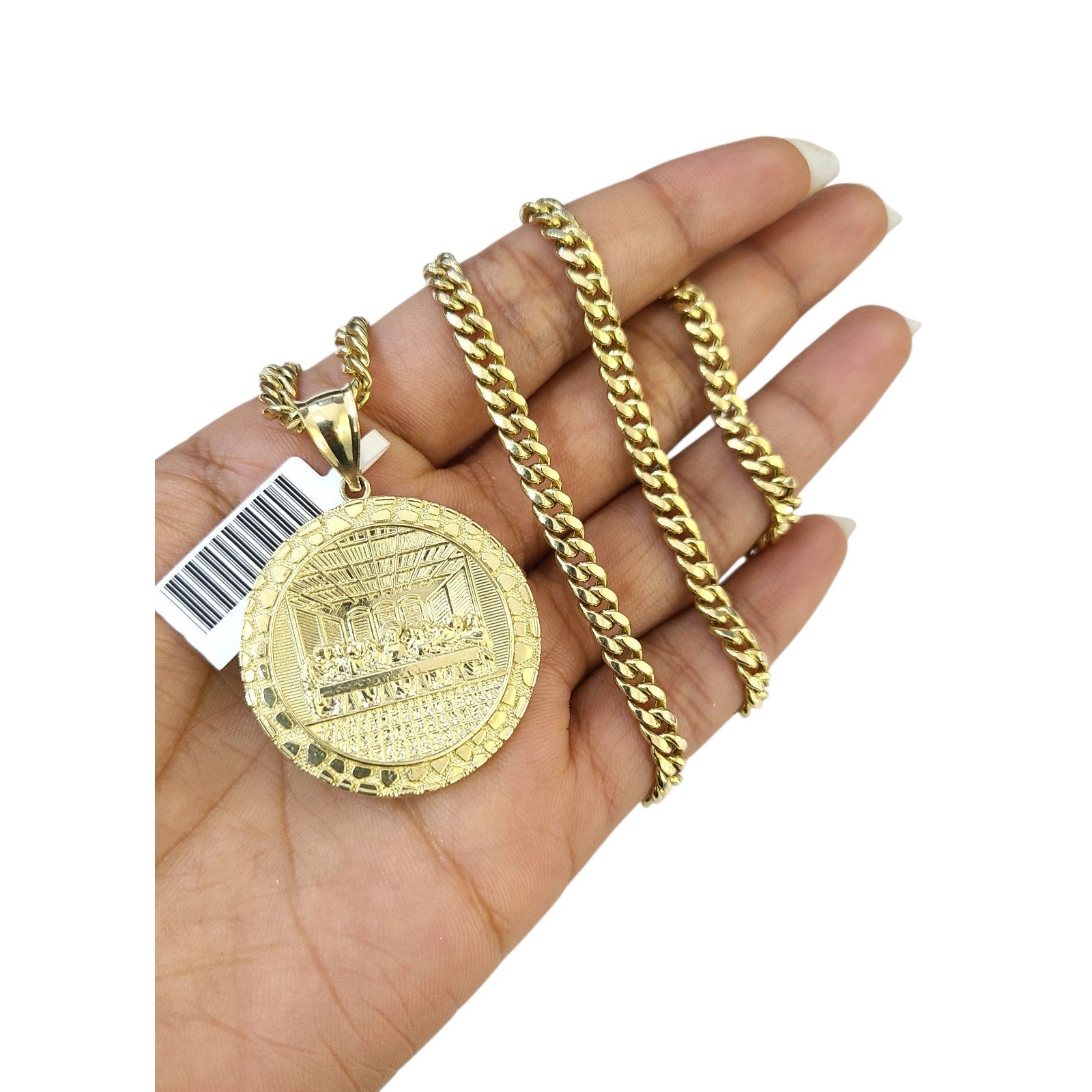10K Gold Miami Cuban Chain Nugget Last Supper 20"-28" 4mm Pendant Necklace SET