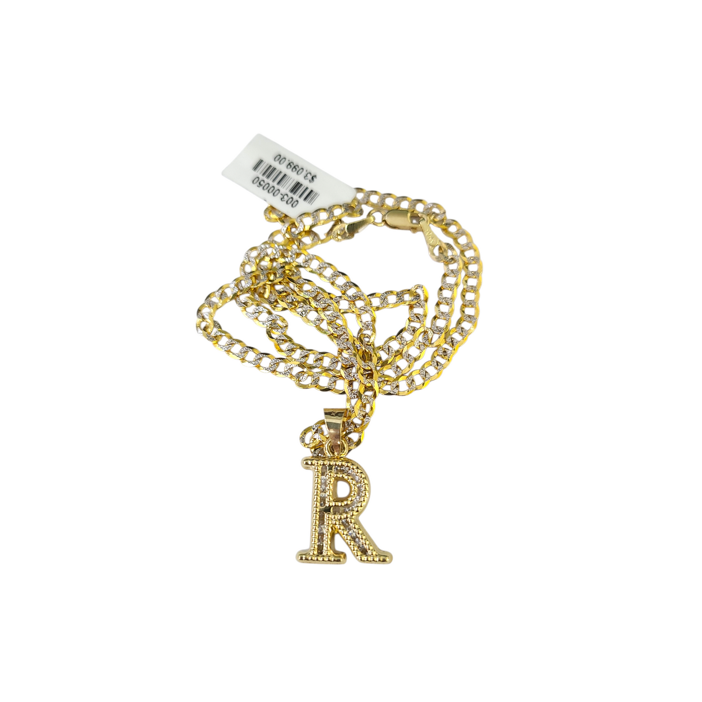 10k Gold Cuban Curb Chain Necklace R Initial Alphabet Pendant Charm 3mm Necklace