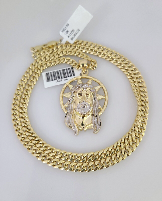 10kt Gold Miami Cuban Chain Jesus Head Charm Pendant 5mm 18-28 Inch Necklace