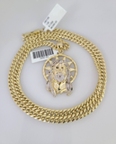 10kt Gold Miami Cuban Chain Jesus Head Charm Pendant 5mm 18-28 Inch Necklace