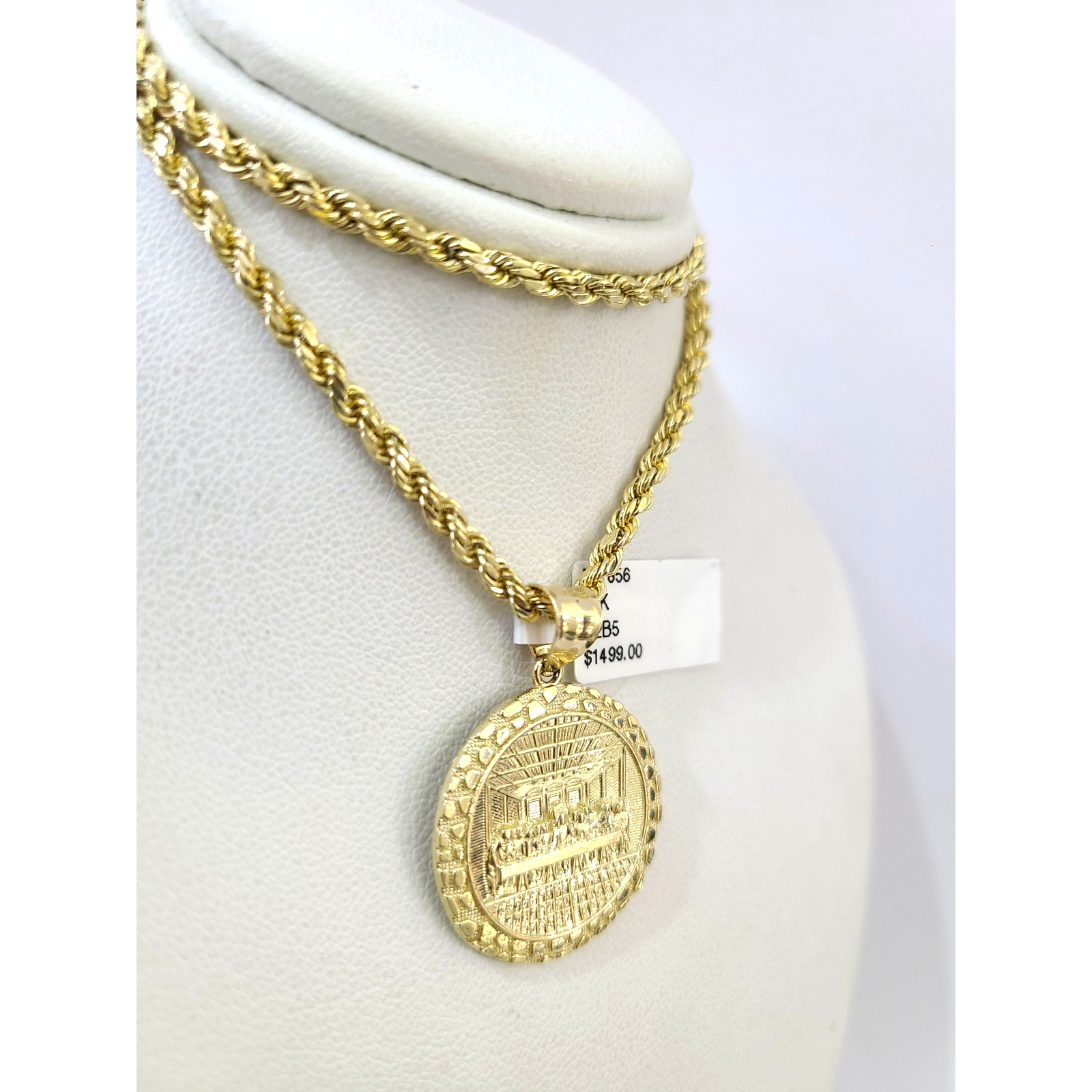 10k Rope Chain Nugget Last Supper Charm Necklace Pendant Set 2mm 18"-24" Gold