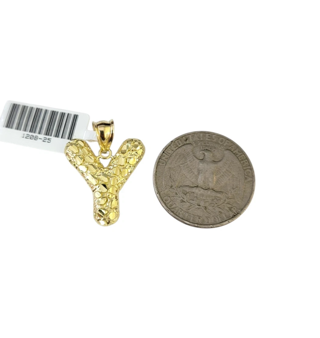 Real 10k Rope Chain Y Necklace Nugget Initial Charm 3mm 18"-28" Set Pendant Gold