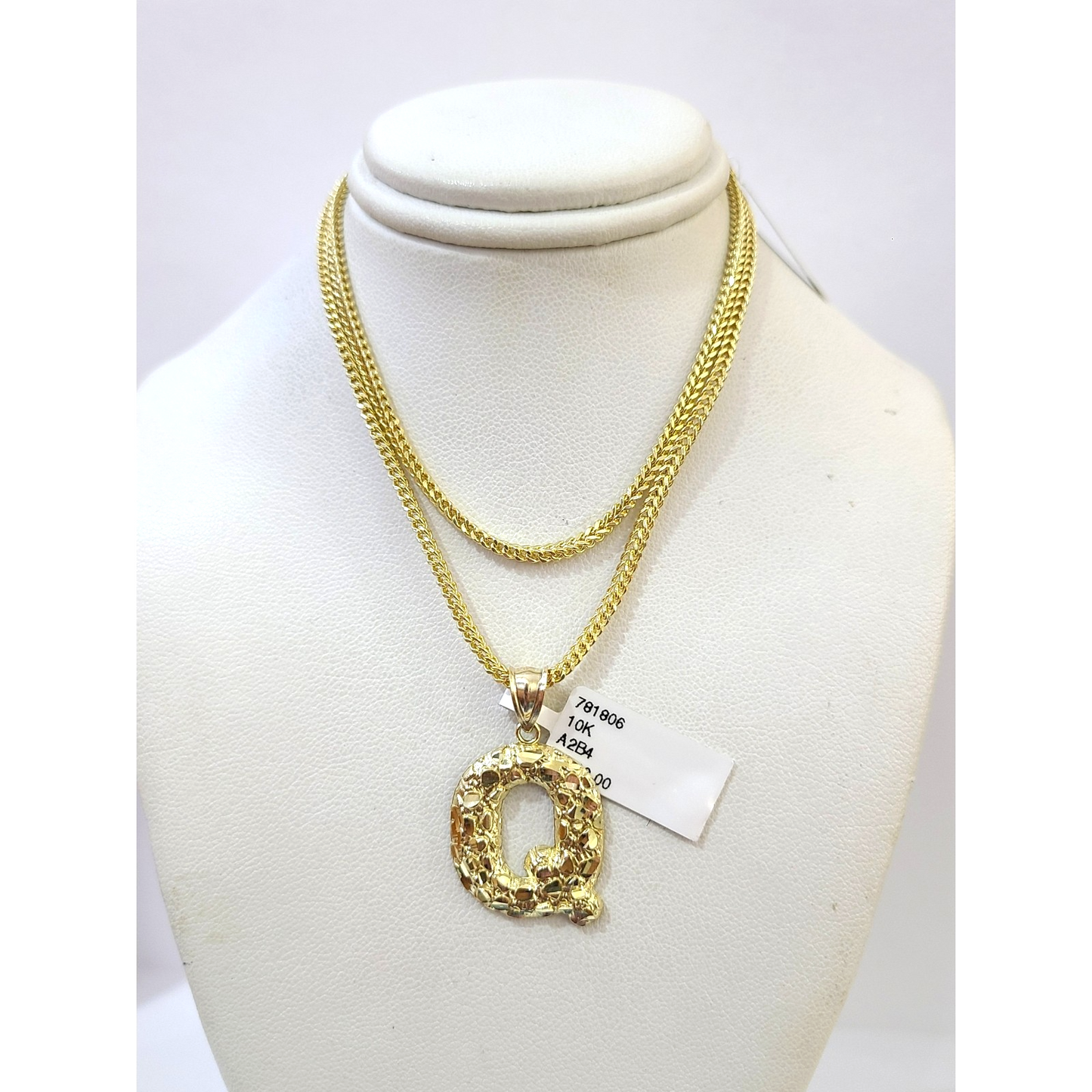 10k Gold Q Nugget Initial Charm Franco Chain 2.5mm 16"-26" Pendant Necklace SET