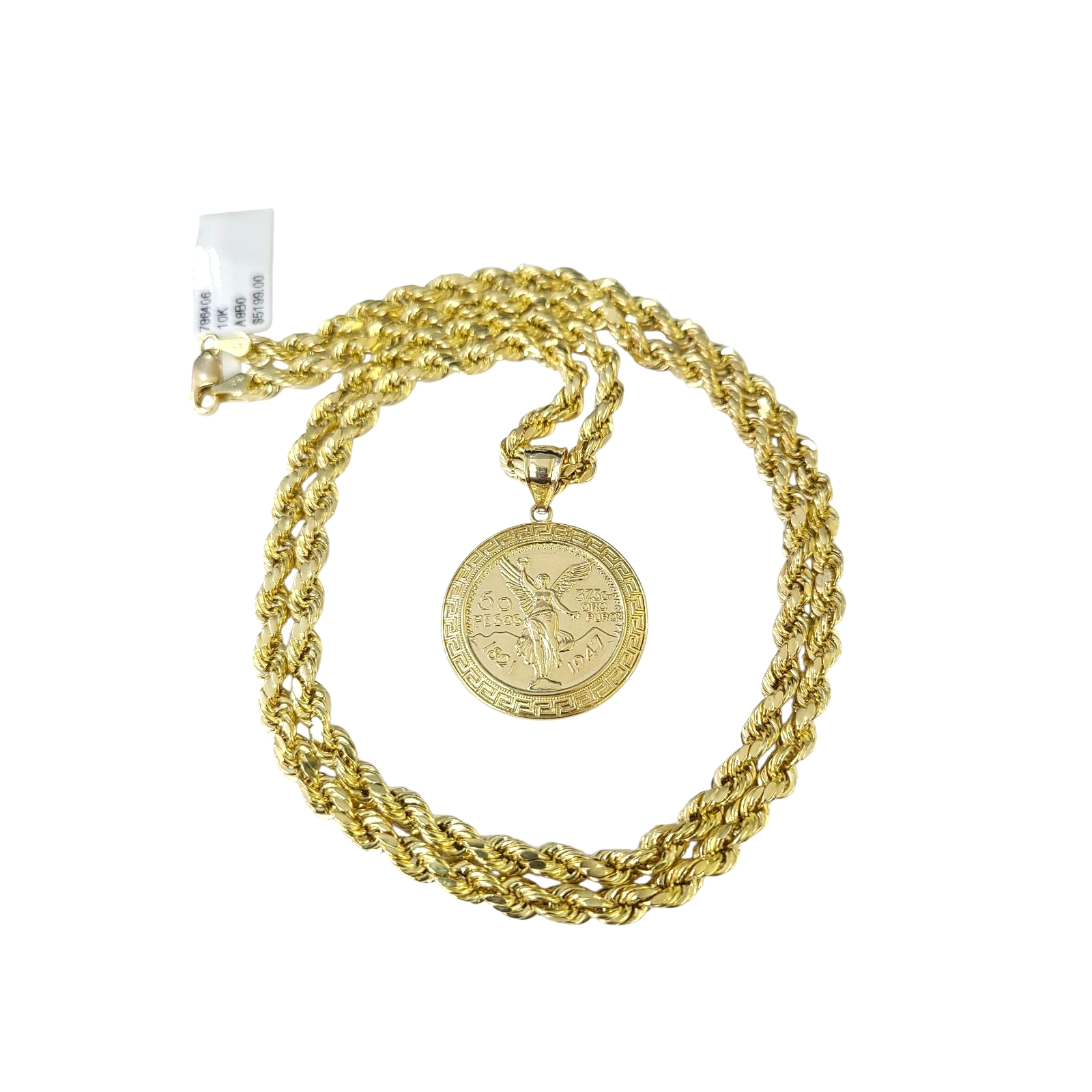 Real 10k Rope Chain Centenario 50 Pesos Charm Necklace SET 4mm 18"-24" Pendant