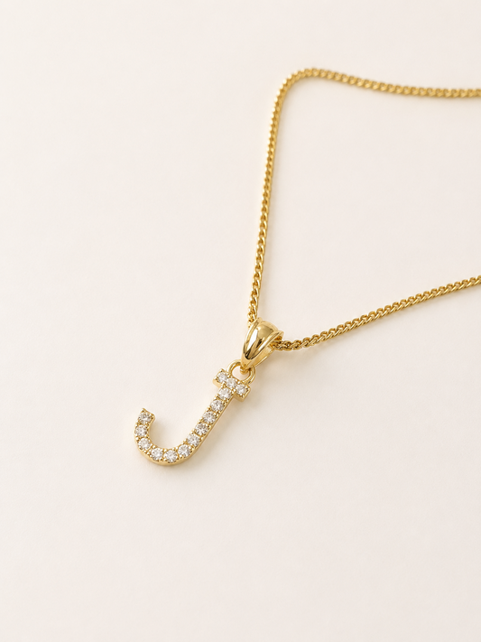 10K Gold Solid Franco Chain J Initial CZ Stone Pendant Set 1mm 16 18 20 22 Women