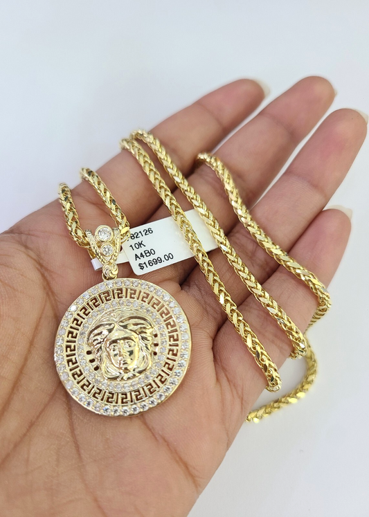 10k Palm Chain Medusa Head Charm Pendant 3mm Set 18"-26" in Necklace