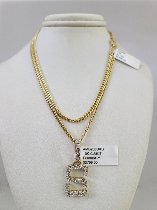 10k Gold Solid Miami Cuban Chain S Initial Diamond Pendant 2.5mm 18"-24" Set