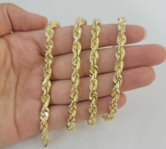 Rope Chain Necklace Solid 10k Yellow Gold 5mm 24" Inch Diamond Cuts, Men Women