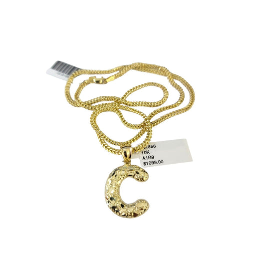 Real 10k Gold Franco Chain C Initial Charm Pendant Necklace SET 2.5mm 16"-26"