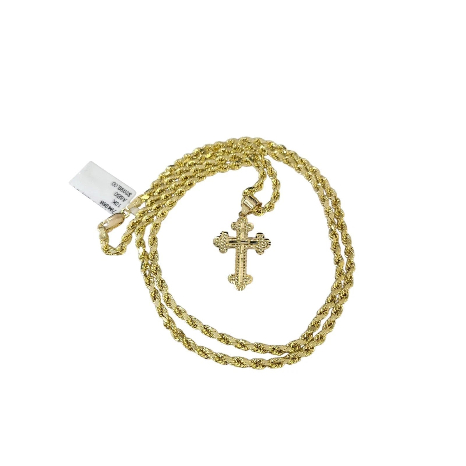 10K Gold 3mm Rope Chain Filigree Cross Pendant Charm Necklace Set 18"-28" Unisex