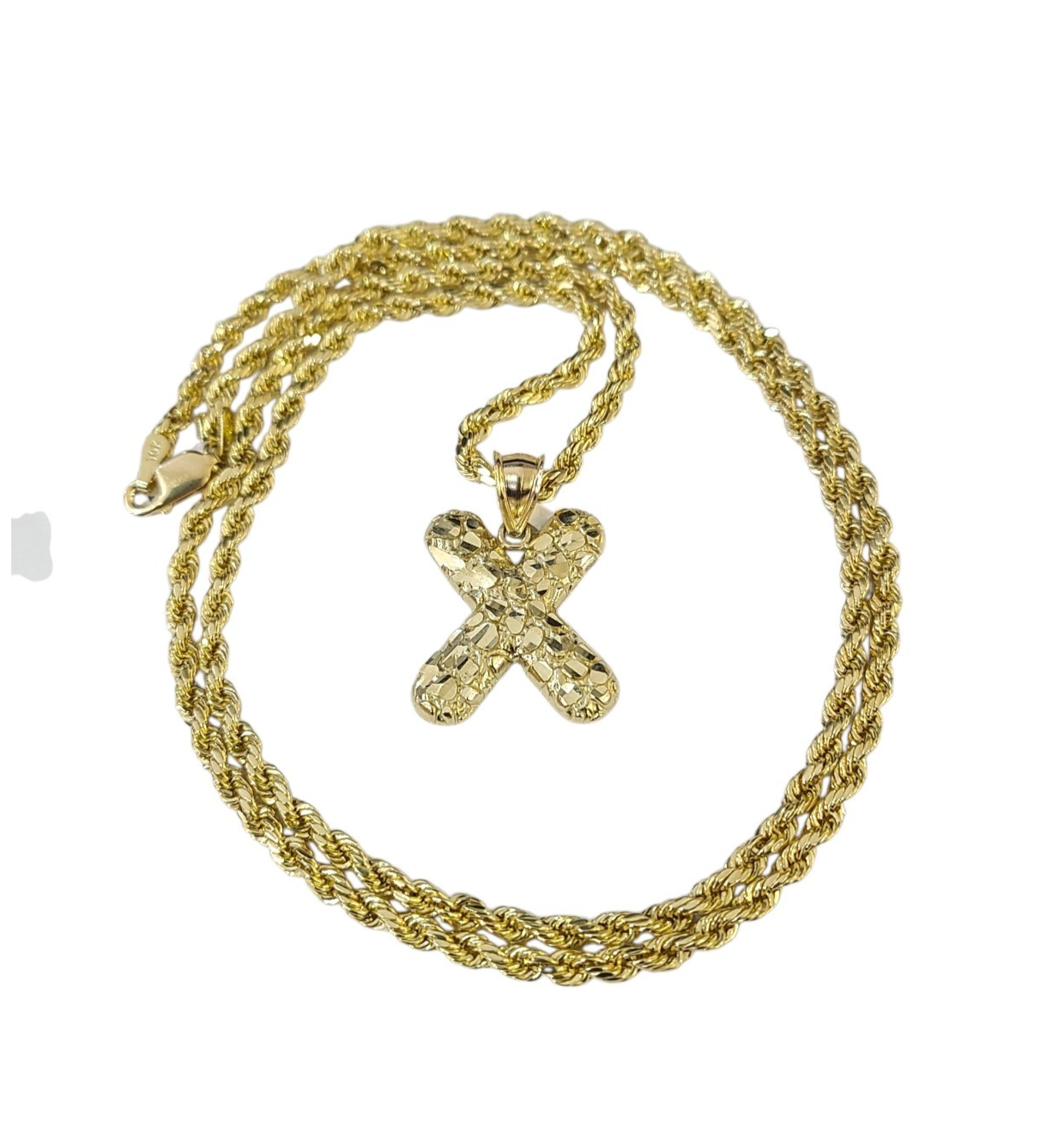 Real 10k Rope Chain X Nugget Initial Charm 3mm 18"-28" Necklace Set Pendant Gold